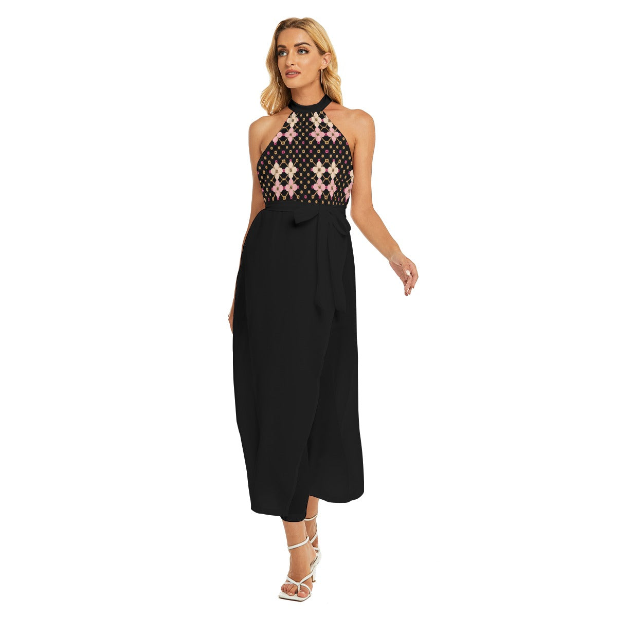 AC KAMI Women's Wrap Hem Belted Halter Dress