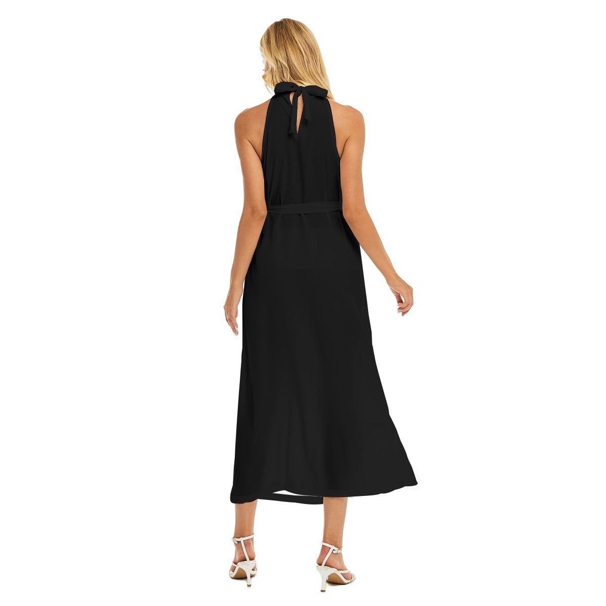 AC KAMI Women's Wrap Hem Belted Halter Dress